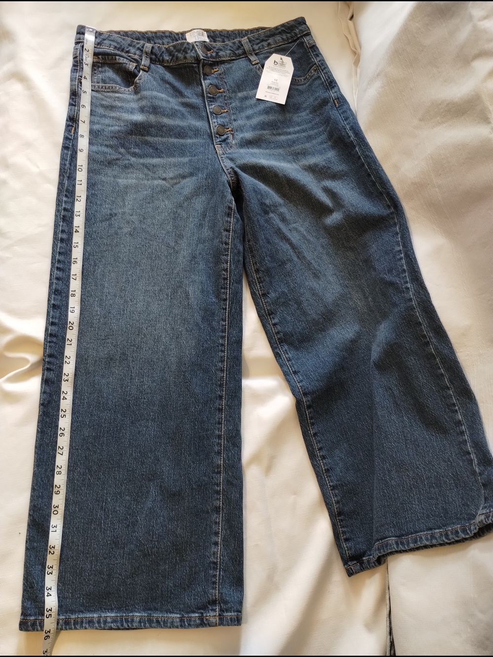 Time and Tru Women's Dark Blue Relaxed Wide-Leg Button-Fly Jeans - Picture 3 of 10